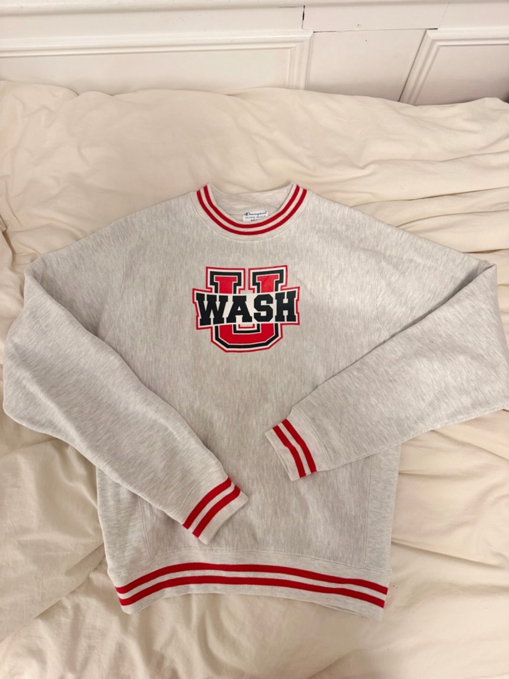 Champion Gray Crewneck Sweatshirt with Red Trim and 'WASH U' Logo
